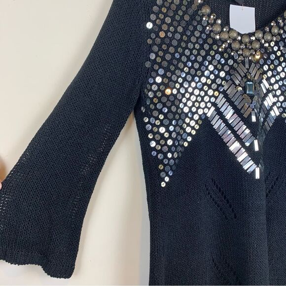 BCBGMAXAZRIA Black Knit V Neck Sweater Embellished Silver Studs & Sequins Large - Picture 4 of 9